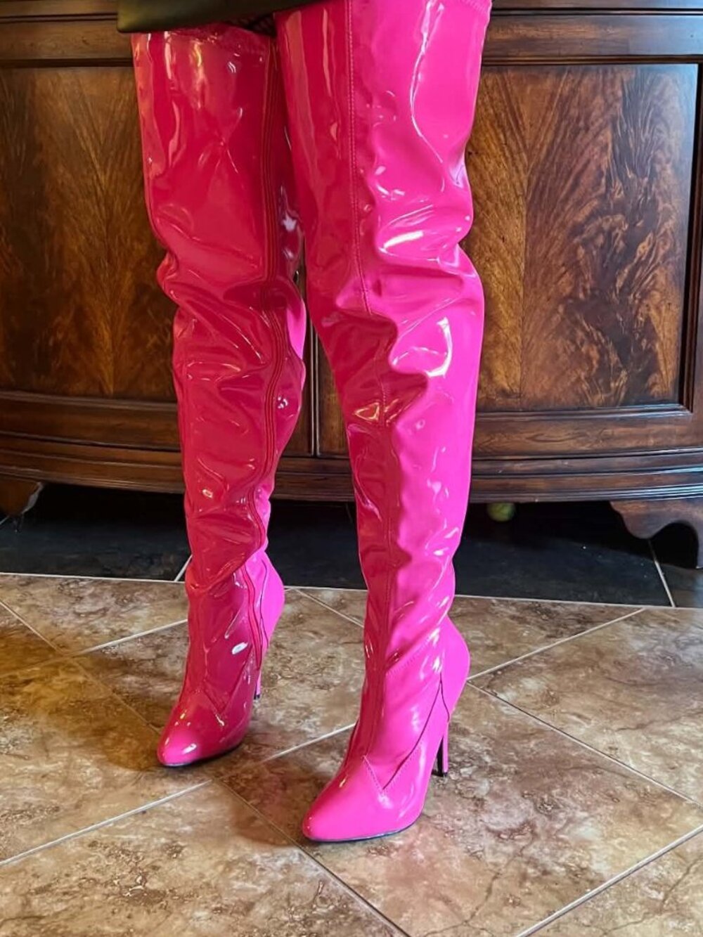 Pleaser Patent Leather Wide Leg Hot Pink Thigh High Boots Size 7